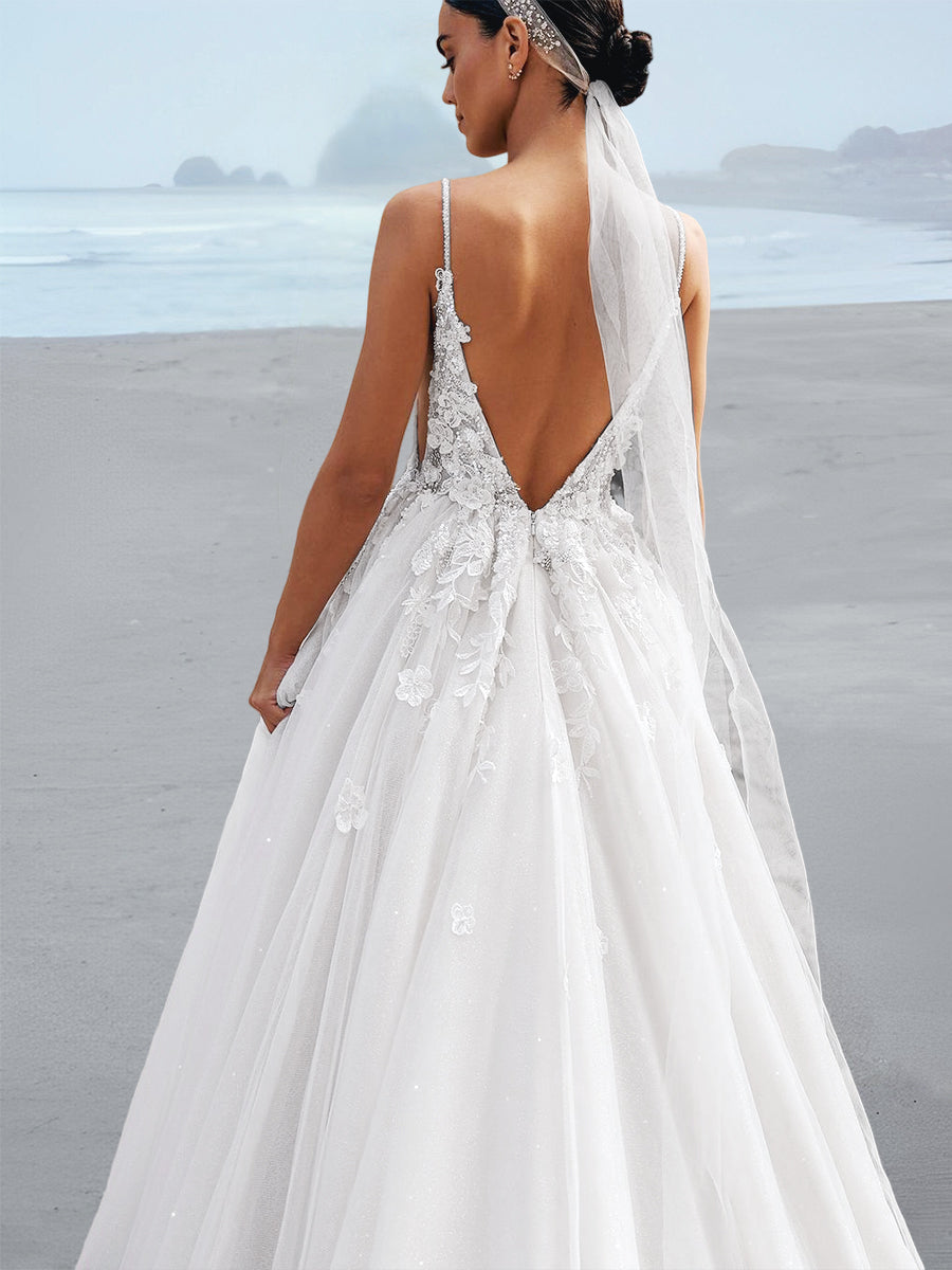 Robe de Mariée Trapèze/Princesse à Bretelles Spaghetti et Longueur Au Sol