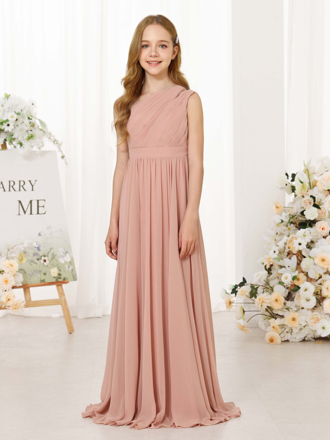 Robe de Demoiselle D'Honneur en Mousseline de Soie, Coupe A-Line/Princess, Sans Manches, Asymétrique, Longueur Au Sol