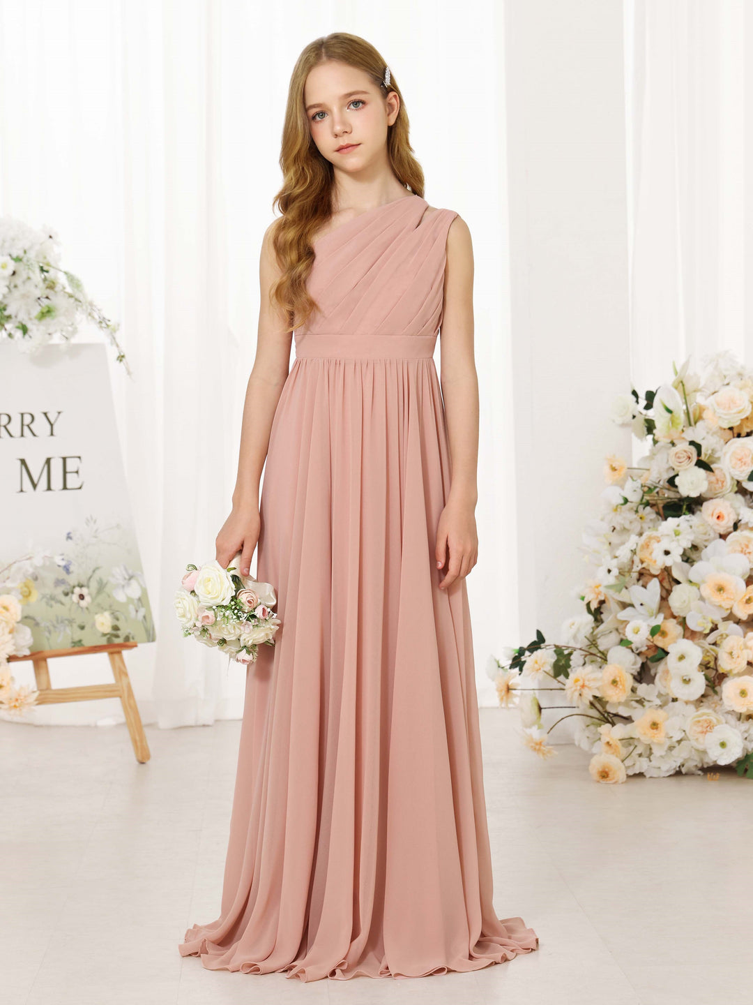 Robe de Demoiselle D'Honneur en Mousseline de Soie, Coupe A-Line/Princess, Sans Manches, Asymétrique, Longueur Au Sol