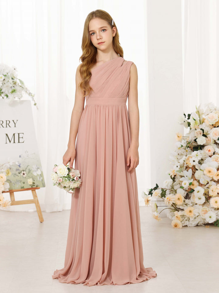 Robe de Demoiselle D'Honneur en Mousseline de Soie, Coupe A-Line/Princess, Sans Manches, Asymétrique, Longueur Au Sol