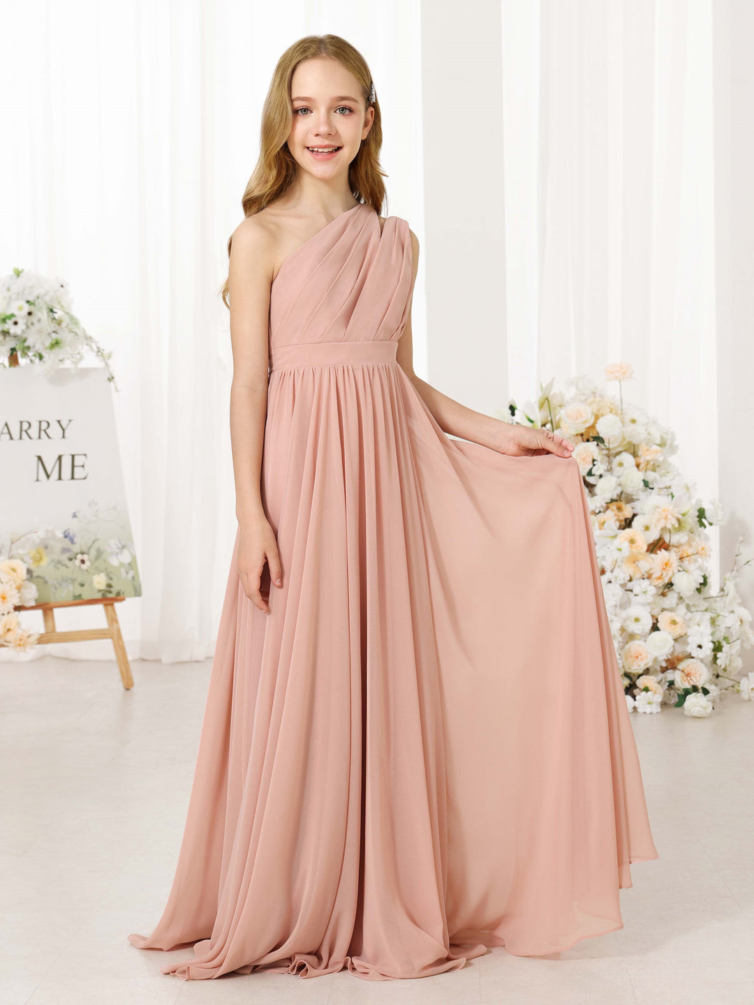 Robe de Demoiselle D'Honneur en Mousseline de Soie, Coupe A-Line/Princess, Sans Manches, Asymétrique, Longueur Au Sol