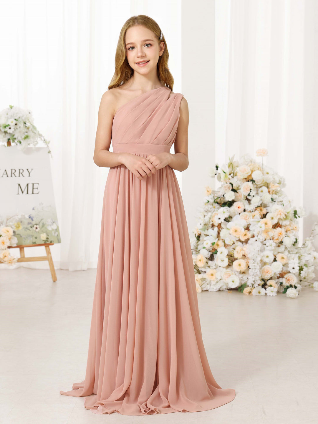 Robe de Demoiselle D'Honneur en Mousseline de Soie, Coupe A-Line/Princess, Sans Manches, Asymétrique, Longueur Au Sol