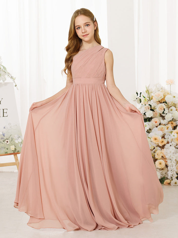 Robe de Demoiselle D'Honneur en Mousseline de Soie, Coupe A-Line/Princess, Sans Manches, Asymétrique, Longueur Au Sol
