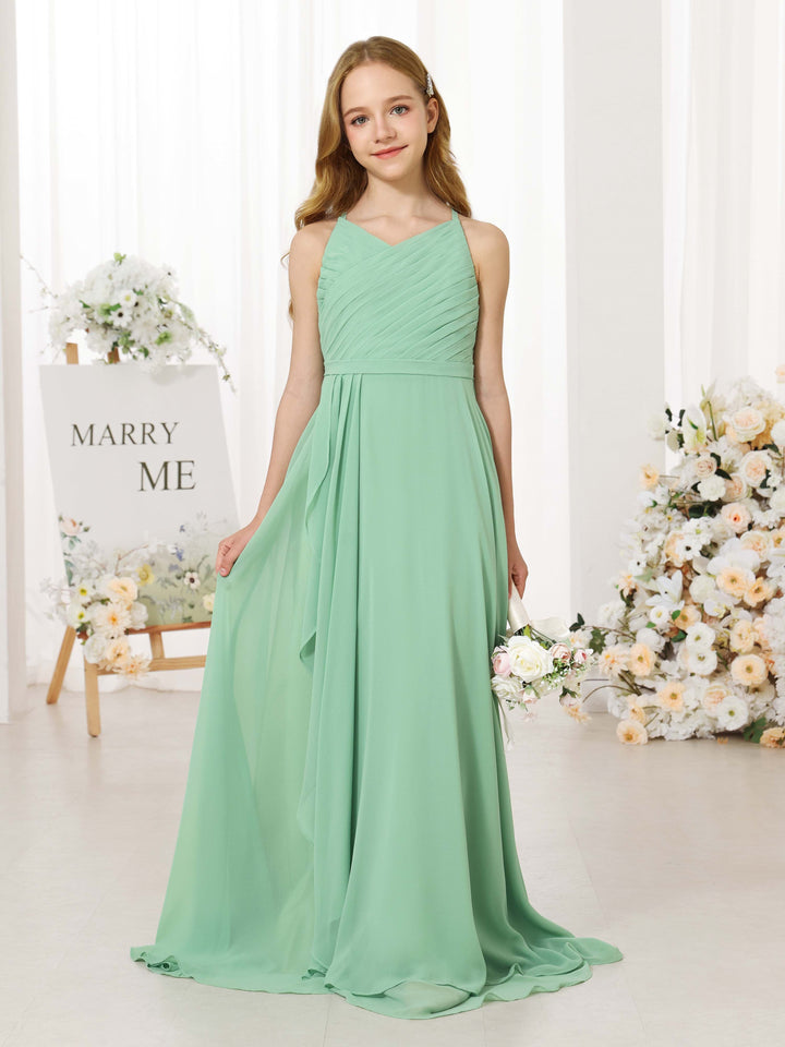 Robe de Demoiselle D'Honneur en Mousseline de Soie, Coupe A-Line/Princesse, Sans Manches, Col Rond, Longueur Au Sol