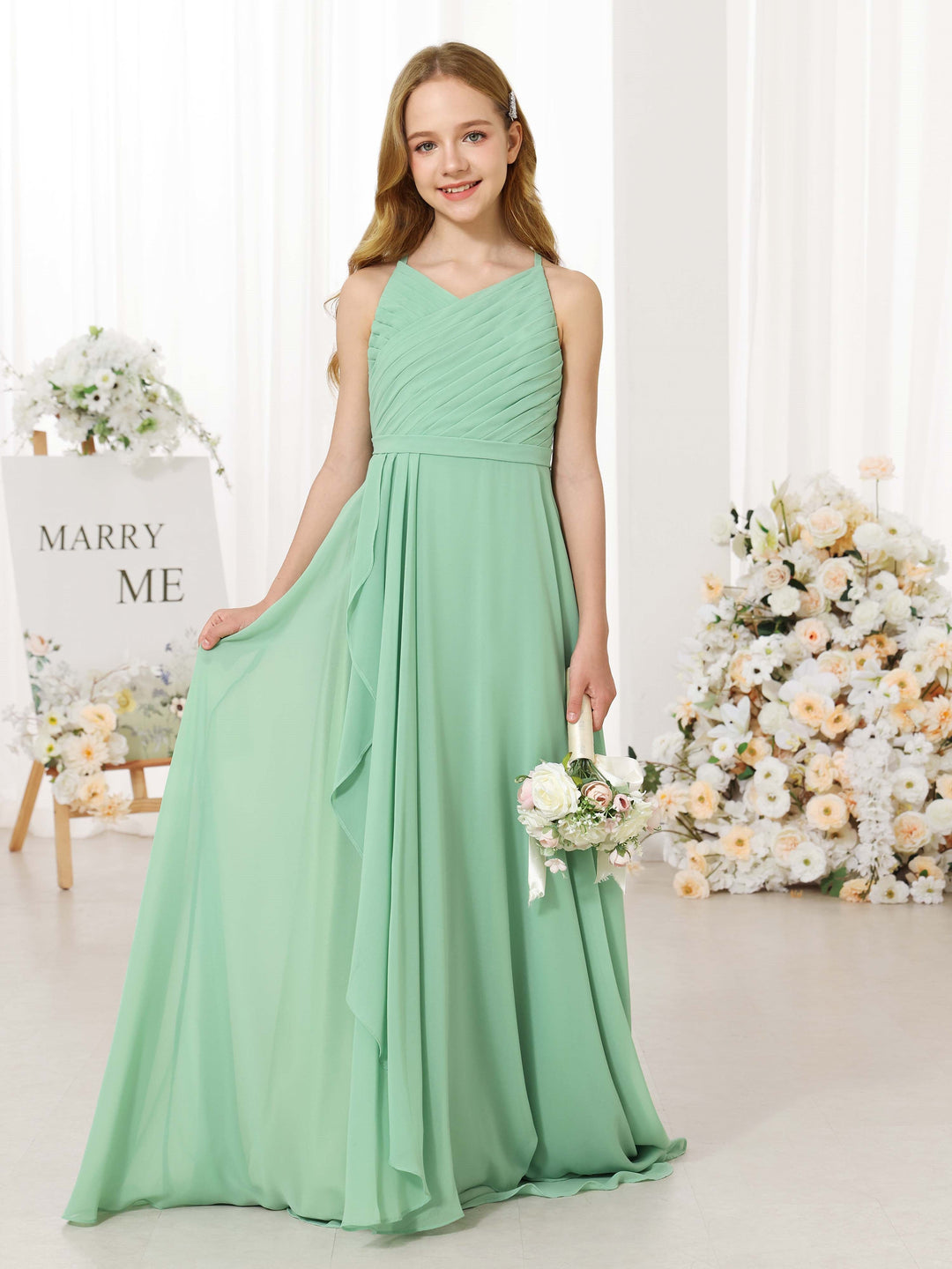 Robe de Demoiselle D'Honneur en Mousseline de Soie, Coupe A-Line/Princesse, Sans Manches, Col Rond, Longueur Au Sol