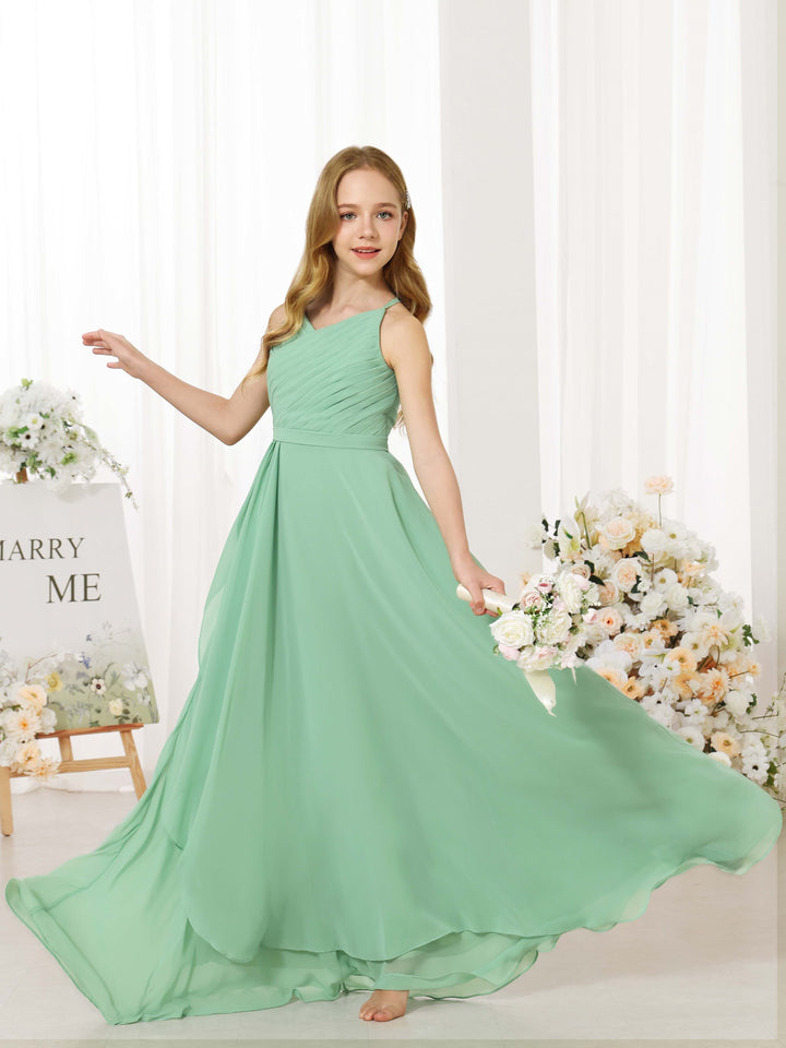 Robe de Demoiselle D'Honneur en Mousseline de Soie, Coupe A-Line/Princesse, Sans Manches, Col Rond, Longueur Au Sol