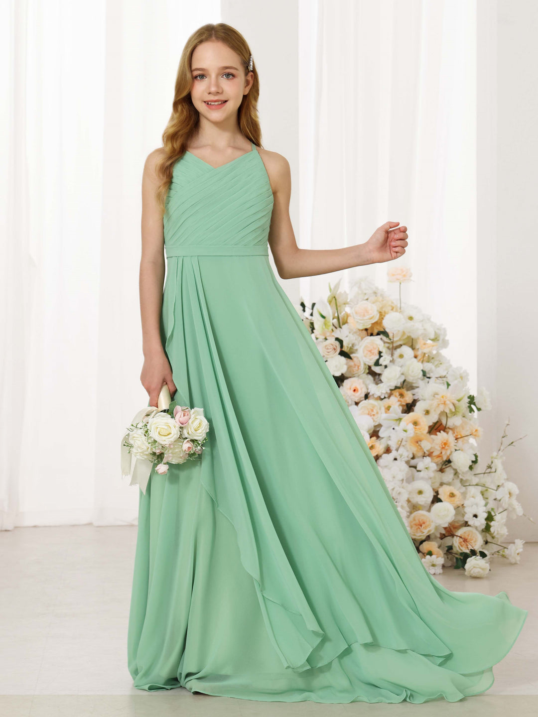 Robe de Demoiselle D'Honneur en Mousseline de Soie, Coupe A-Line/Princesse, Sans Manches, Col Rond, Longueur Au Sol