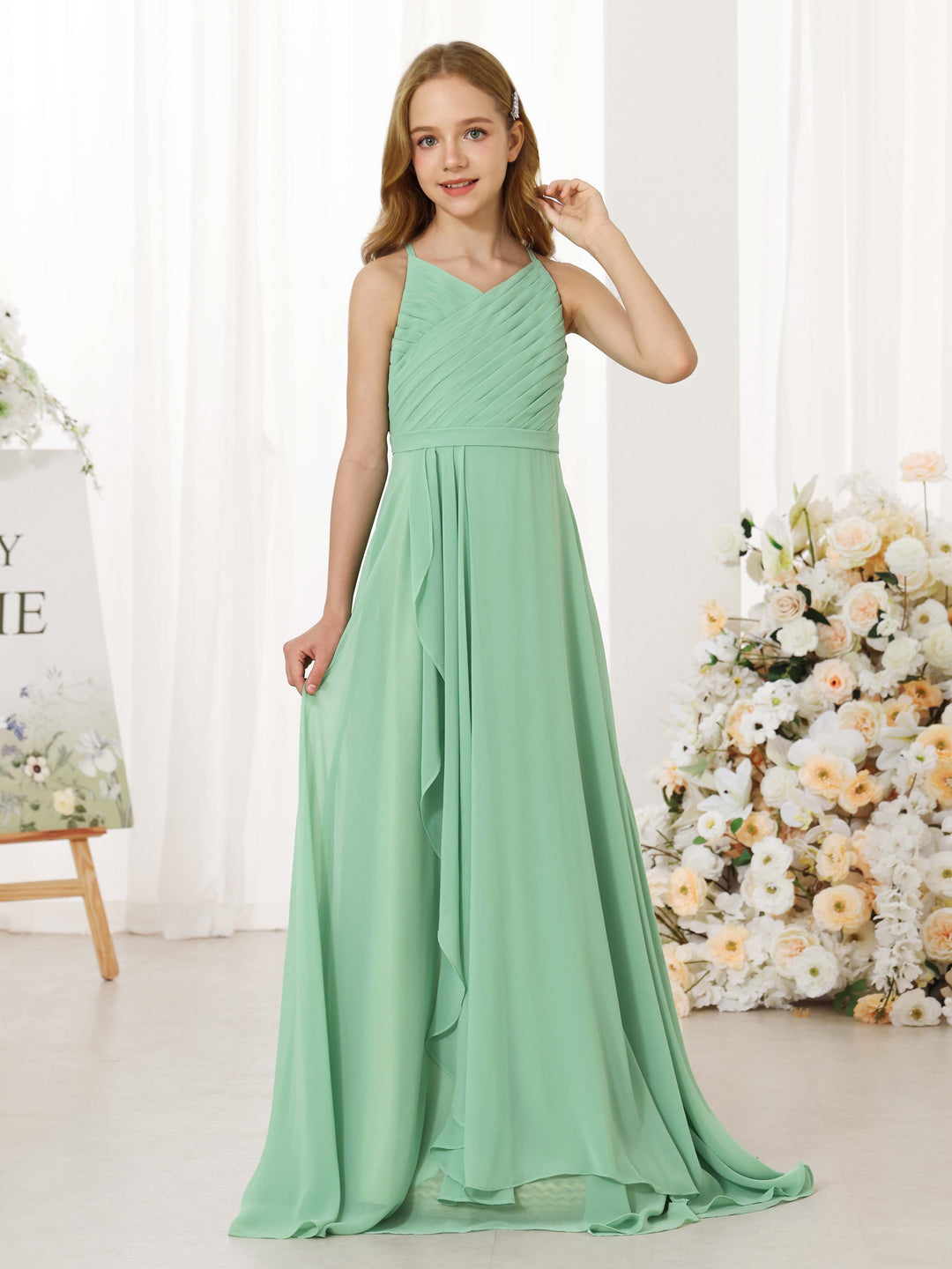 Robe de Demoiselle D'Honneur en Mousseline de Soie, Coupe A-Line/Princesse, Sans Manches, Col Rond, Longueur Au Sol