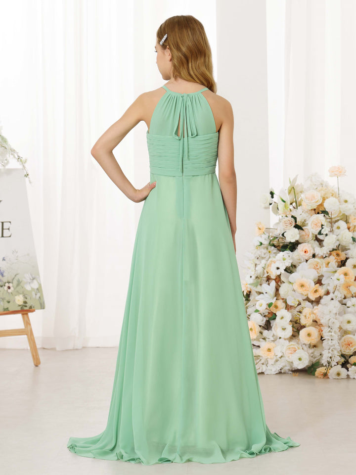 Robe de Demoiselle D'Honneur en Mousseline de Soie, Coupe A-Line/Princesse, Sans Manches, Col Rond, Longueur Au Sol