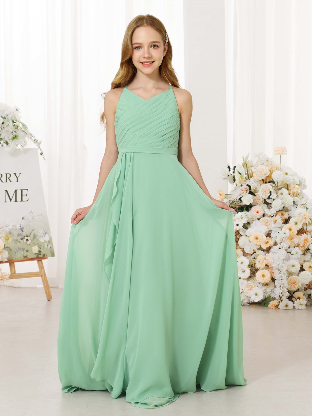 Robe de Demoiselle D'Honneur en Mousseline de Soie, Coupe A-Line/Princesse, Sans Manches, Col Rond, Longueur Au Sol