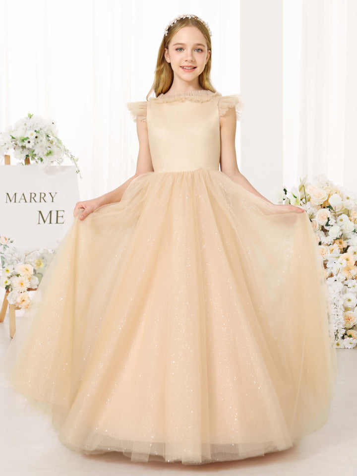 Robe de Bal en Tulle Sans Manches, Col Rond, Longueur Au Sol, Robes de Demoiselle D'Honneur