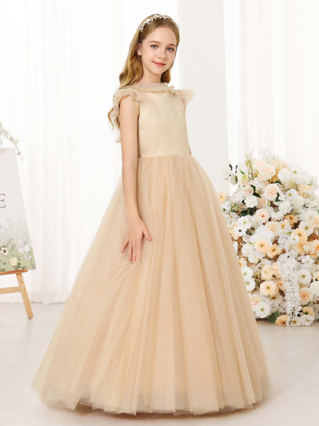 Robe de Bal en Tulle Sans Manches, Col Rond, Longueur Au Sol, Robes de Demoiselle D'Honneur