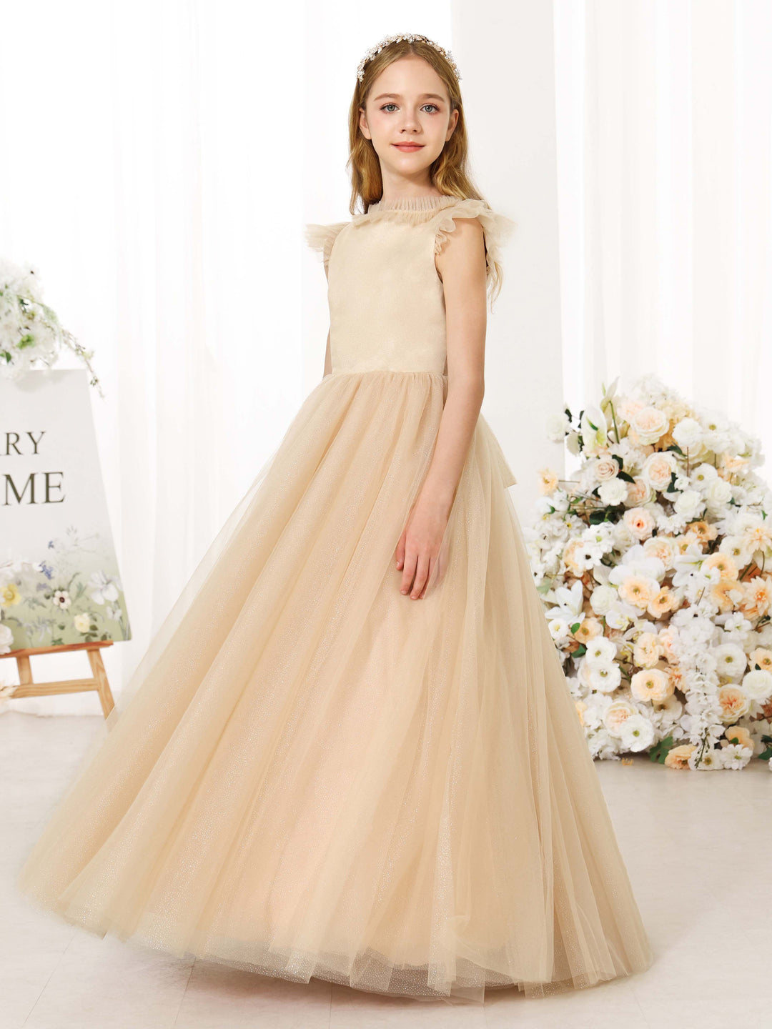 Robe de Bal en Tulle Sans Manches, Col Rond, Longueur Au Sol, Robes de Demoiselle D'Honneur