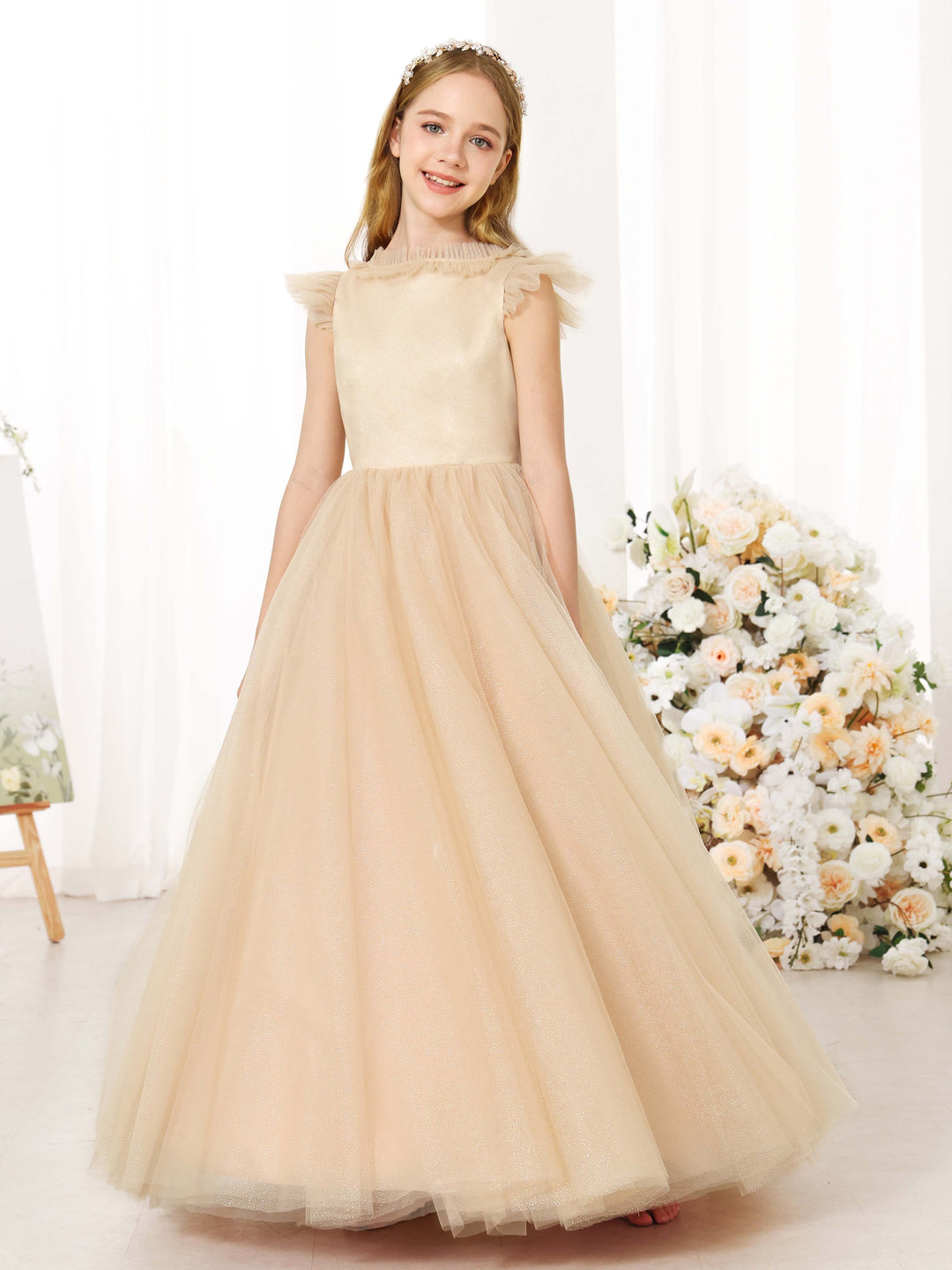 Robe de Bal en Tulle Sans Manches, Col Rond, Longueur Au Sol, Robes de Demoiselle D'Honneur
