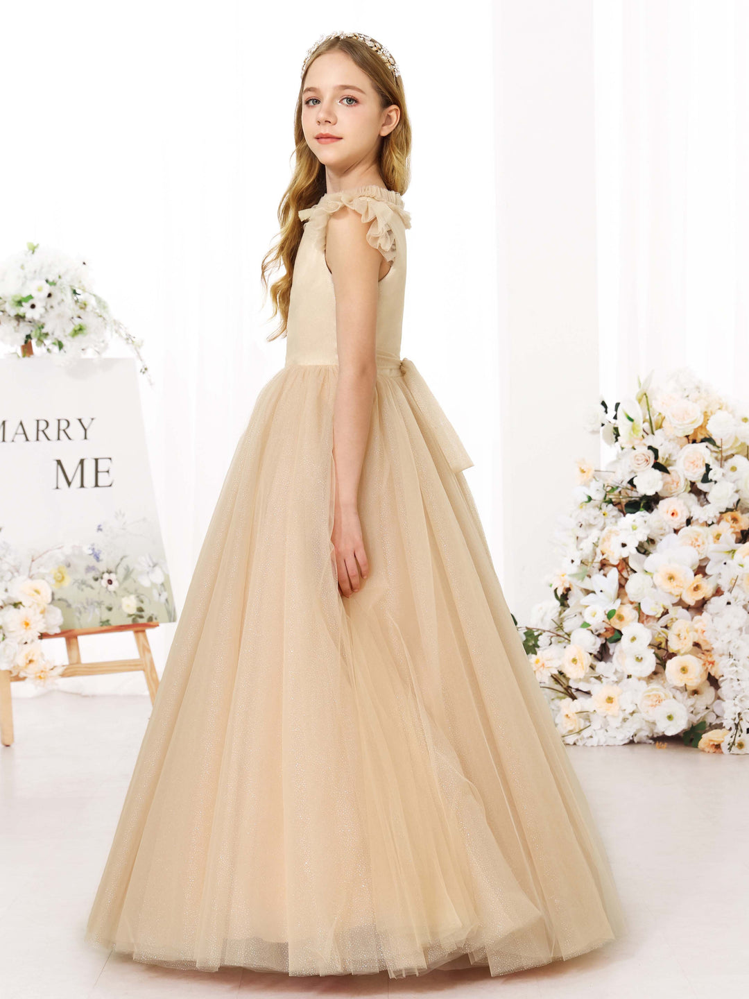Robe de Bal en Tulle Sans Manches, Col Rond, Longueur Au Sol, Robes de Demoiselle D'Honneur
