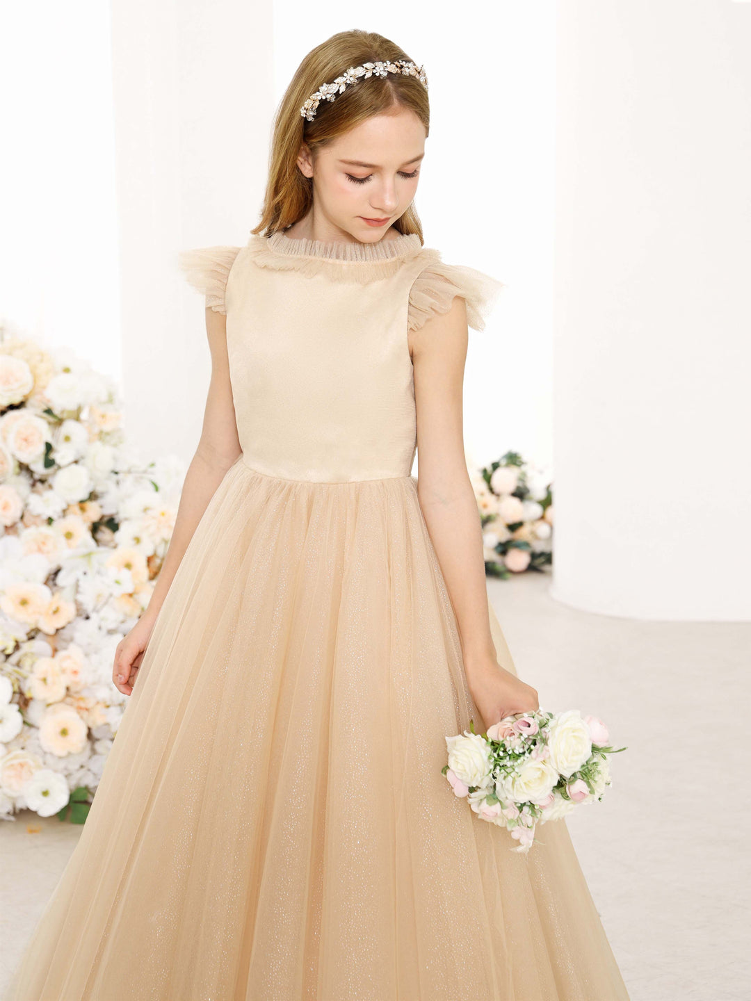Robe de Bal en Tulle Sans Manches, Col Rond, Longueur Au Sol, Robes de Demoiselle D'Honneur