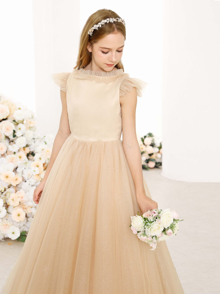 Robe de Bal en Tulle Sans Manches, Col Rond, Longueur Au Sol, Robes de Demoiselle D'Honneur