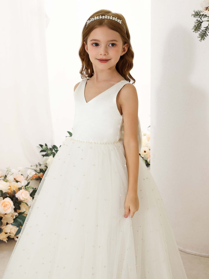 Robe de Bal en Tulle Satin Sans Manches Col en V Longueur Au Sol Robes de Demoiselle D'Honneur