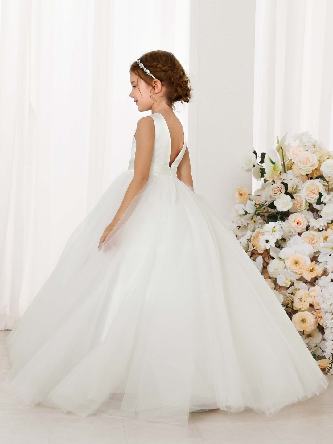 Robe de Bal en Tulle et Satin Sans Manches, Col Rond, Longueur Au Sol, Robes de Demoiselle D'Honneur