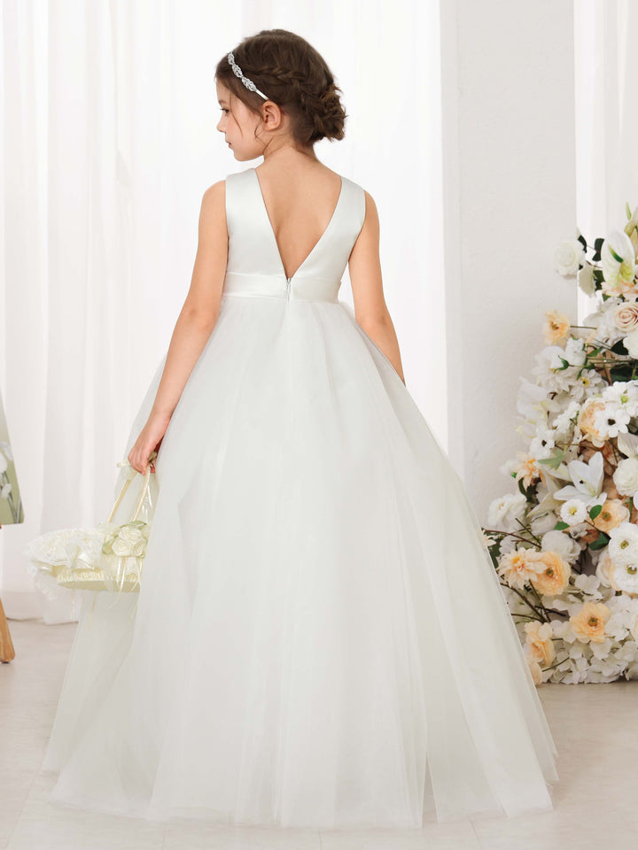 Robe de Bal en Tulle et Satin Sans Manches, Col Rond, Longueur Au Sol, Robes de Demoiselle D'Honneur
