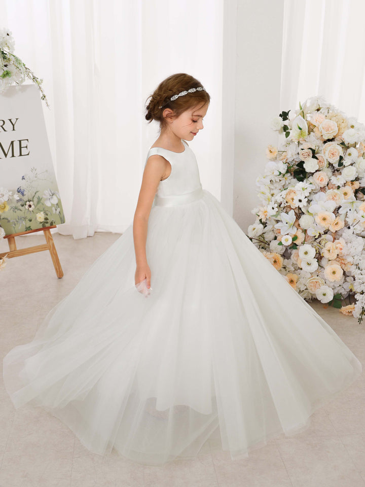 Robe de Bal en Tulle et Satin Sans Manches, Col Rond, Longueur Au Sol, Robes de Demoiselle D'Honneur