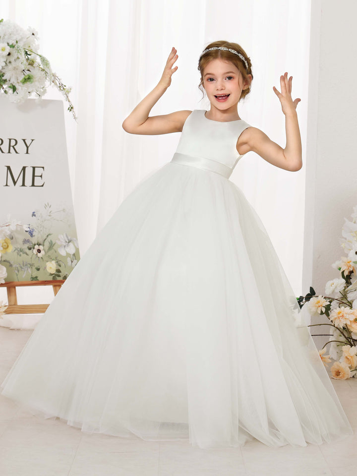 Robe de Bal en Tulle et Satin Sans Manches, Col Rond, Longueur Au Sol, Robes de Demoiselle D'Honneur