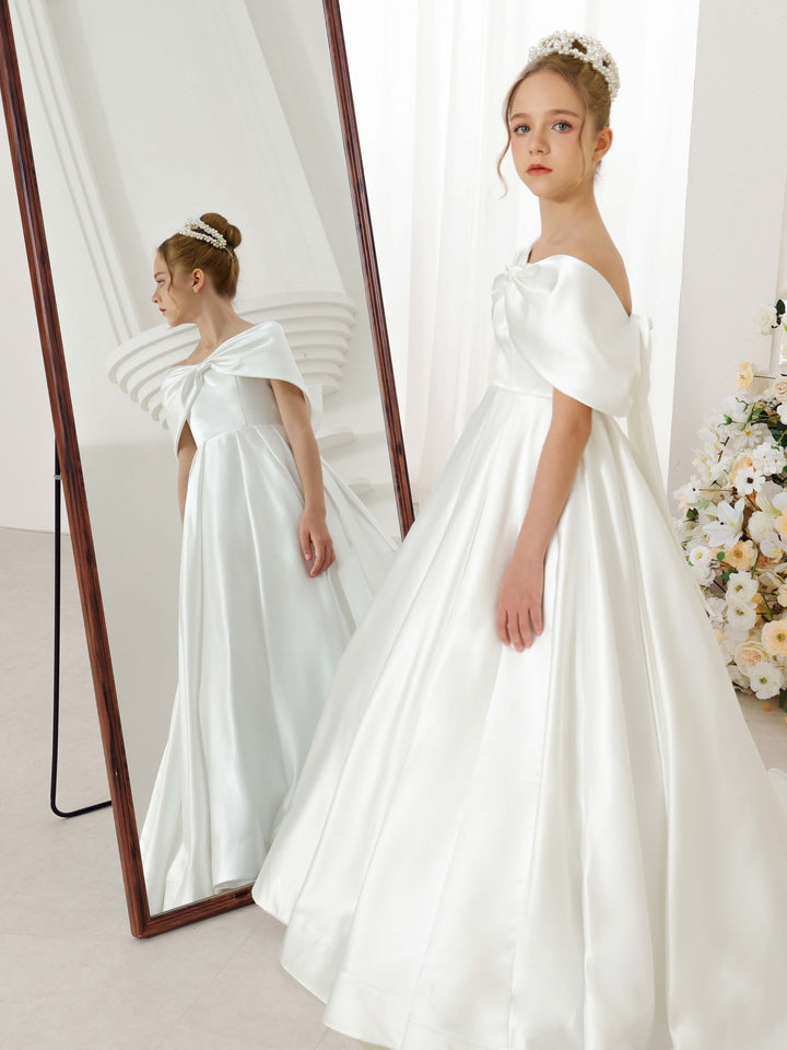 Robe de Demoiselle D'Honneur Empire en Satin à Manches Courtes et Épaules Dénudées