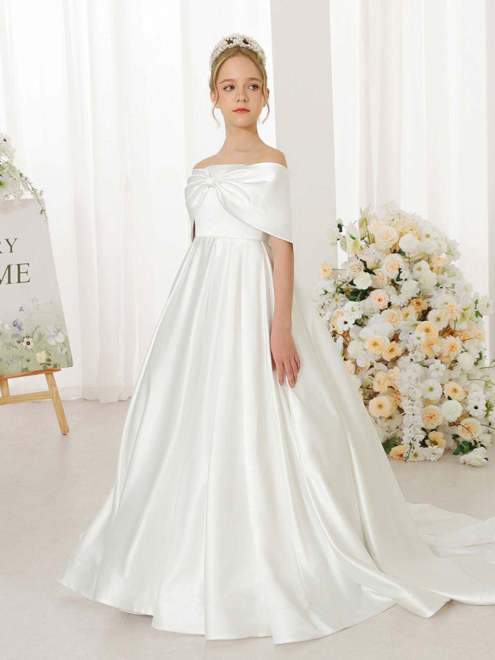Robe de Demoiselle D'Honneur Empire en Satin à Manches Courtes et Épaules Dénudées
