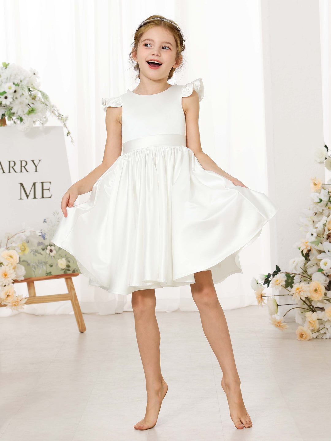 Robe de Demoiselle D'Honneur Mini en Satin à Manches Courtes et Col Rond, Coupe A-Line/Princess