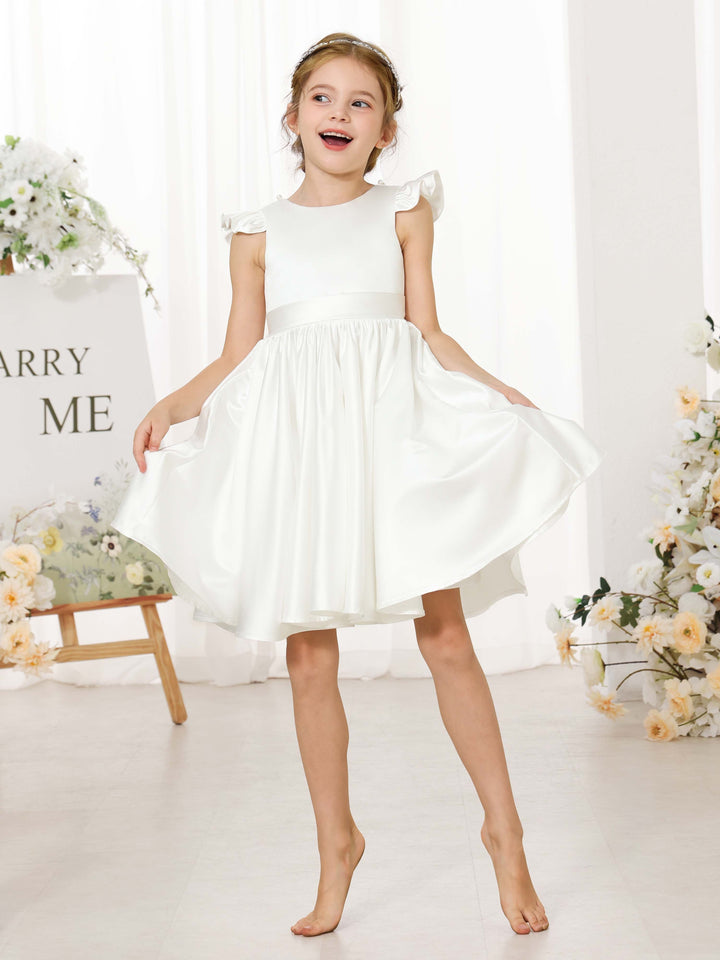 Robe de Demoiselle D'Honneur Mini en Satin à Manches Courtes et Col Rond, Coupe A-Line/Princess