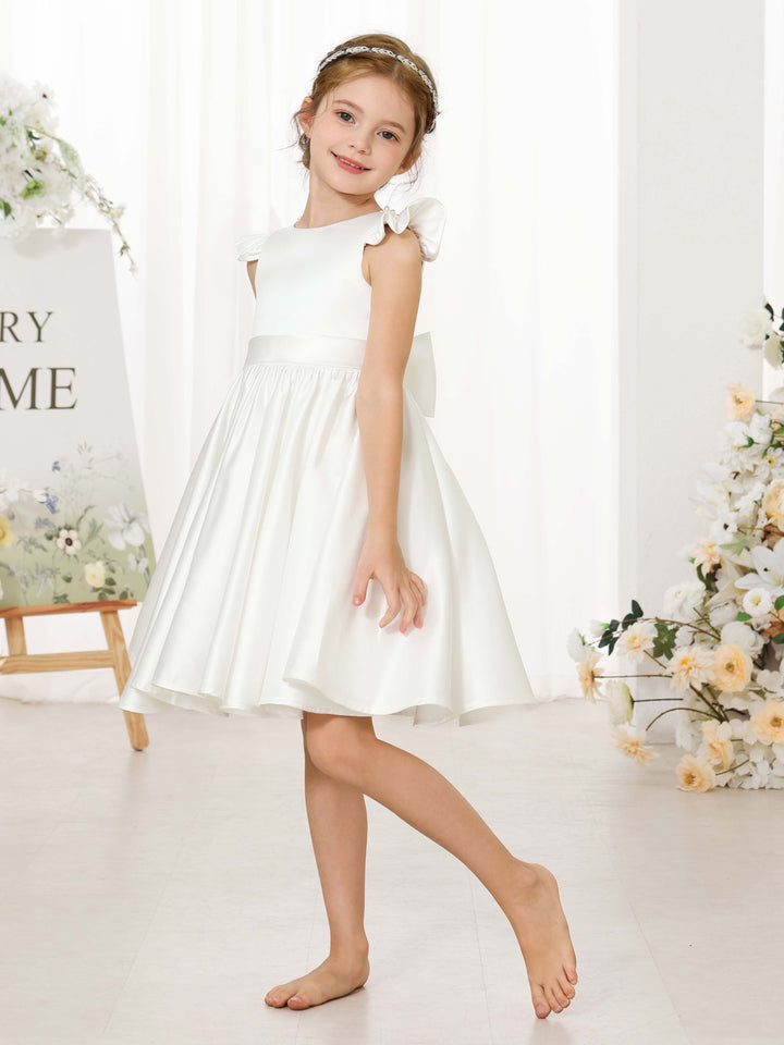 Robe de Demoiselle D'Honneur Mini en Satin à Manches Courtes et Col Rond, Coupe A-Line/Princess
