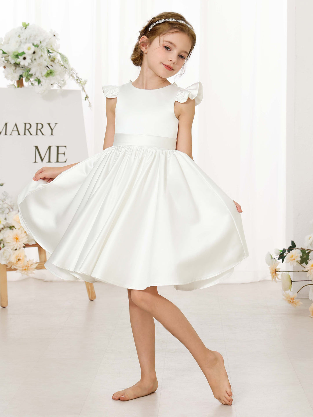 Robe de Demoiselle D'Honneur Mini en Satin à Manches Courtes et Col Rond, Coupe A-Line/Princess