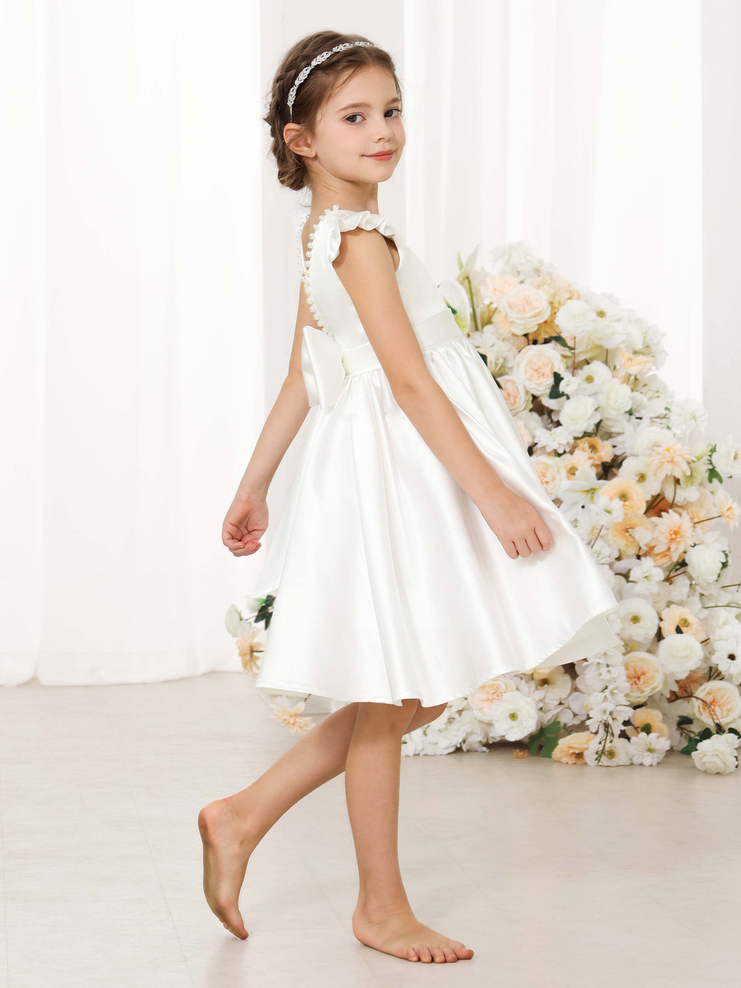 Robe de Demoiselle D'Honneur Mini en Satin à Manches Courtes et Col Rond, Coupe A-Line/Princess