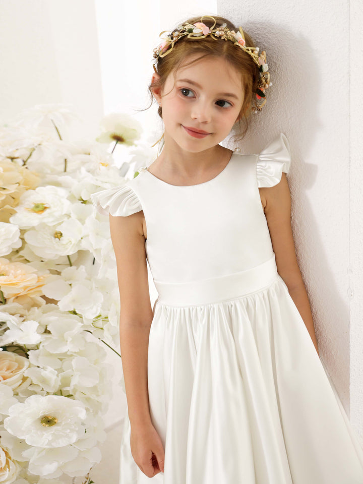 Robe de Demoiselle D'Honneur Mini en Satin à Manches Courtes et Col Rond, Coupe A-Line/Princess