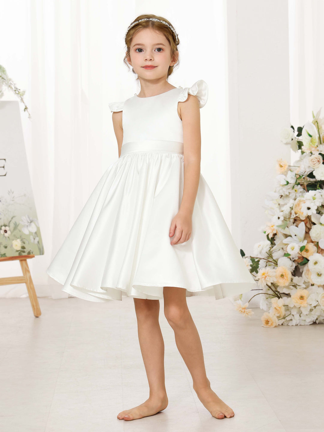 Robe de Demoiselle D'Honneur Mini en Satin à Manches Courtes et Col Rond, Coupe A-Line/Princess