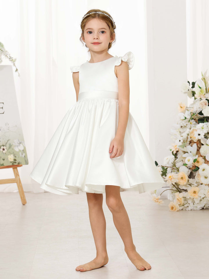 Robe de Demoiselle D'Honneur Mini en Satin à Manches Courtes et Col Rond, Coupe A-Line/Princess