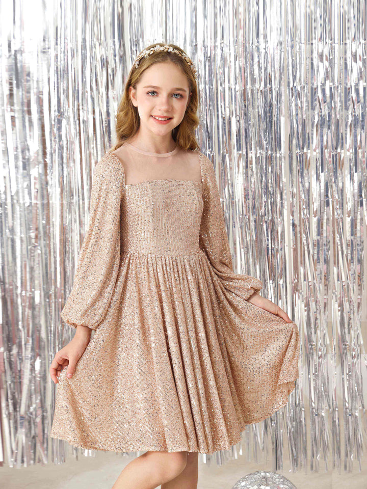Robe de Demoiselle D'Honneur à Paillettes, Coupe A-Line/Princess, Manches Longues, Col Rond, Longueur Genou