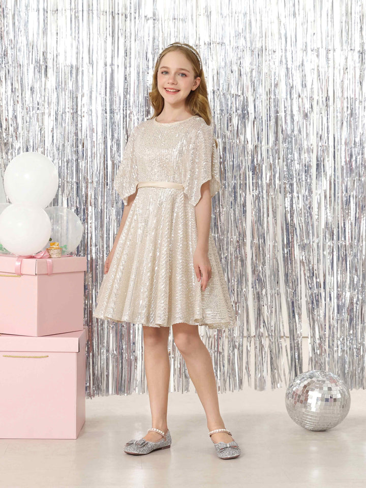 Robe de Demoiselle D'Honneur Mini à Paillettes, Coupe A-Line/Princess, Manches Mi-Longues, Col Rond