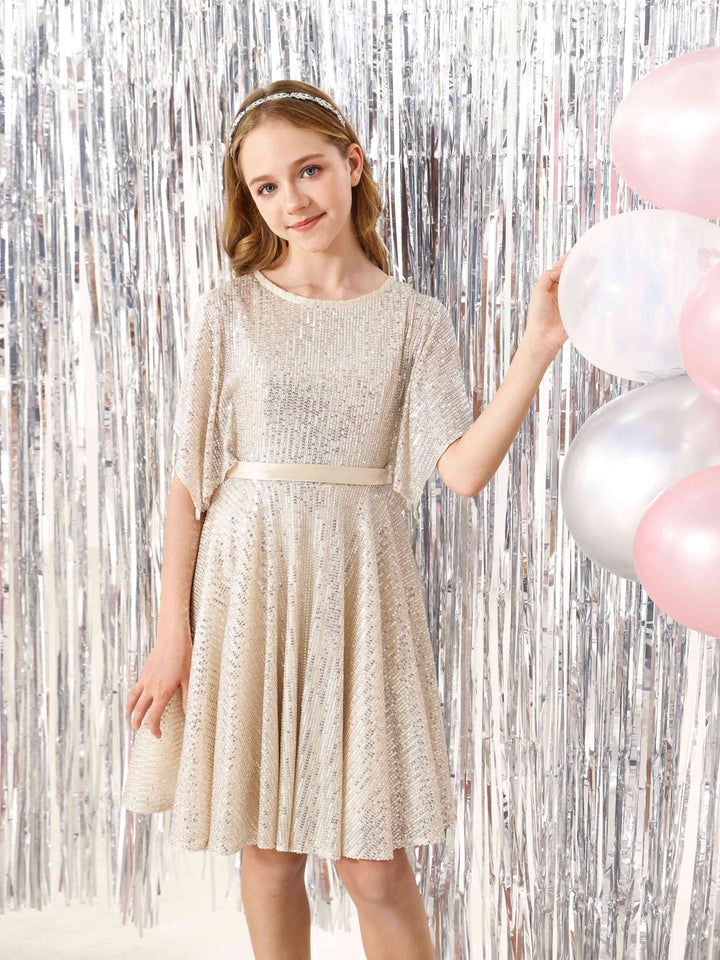 Robe de Demoiselle D'Honneur Mini à Paillettes, Coupe A-Line/Princess, Manches Mi-Longues, Col Rond