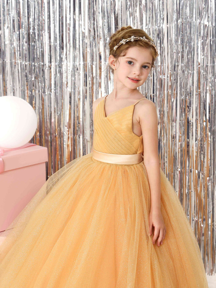 Robe de Bal en Tulle Sans Manches, Col en V, Longueur Au Sol, Robes de Demoiselle D'Honneur