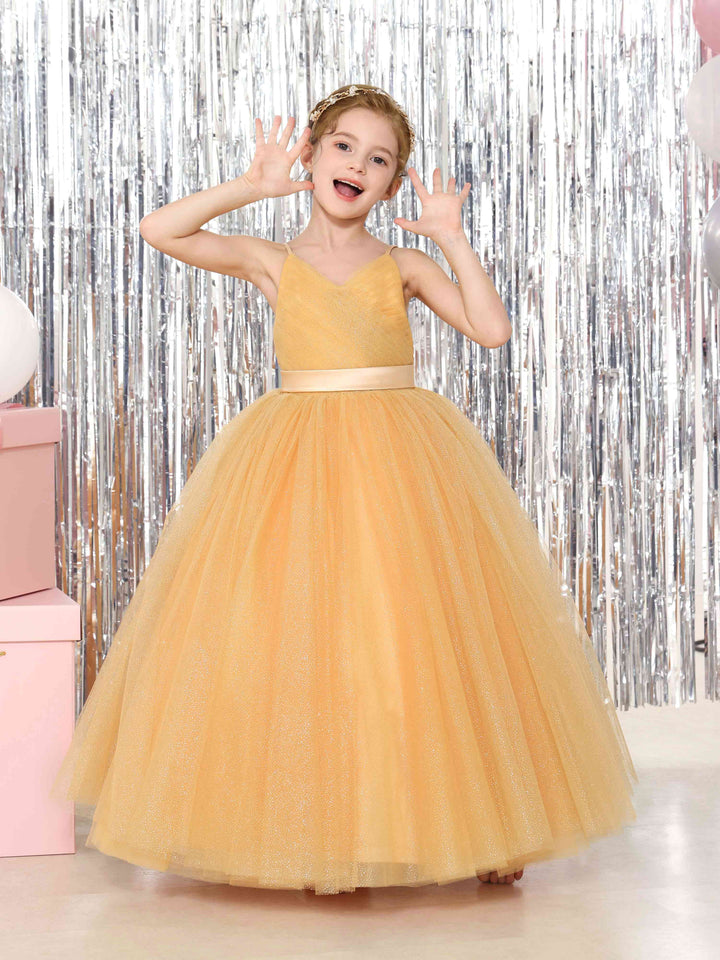Robe de Bal en Tulle Sans Manches, Col en V, Longueur Au Sol, Robes de Demoiselle D'Honneur
