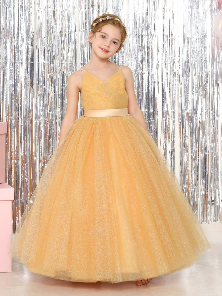 Robe de Bal en Tulle Sans Manches, Col en V, Longueur Au Sol, Robes de Demoiselle D'Honneur