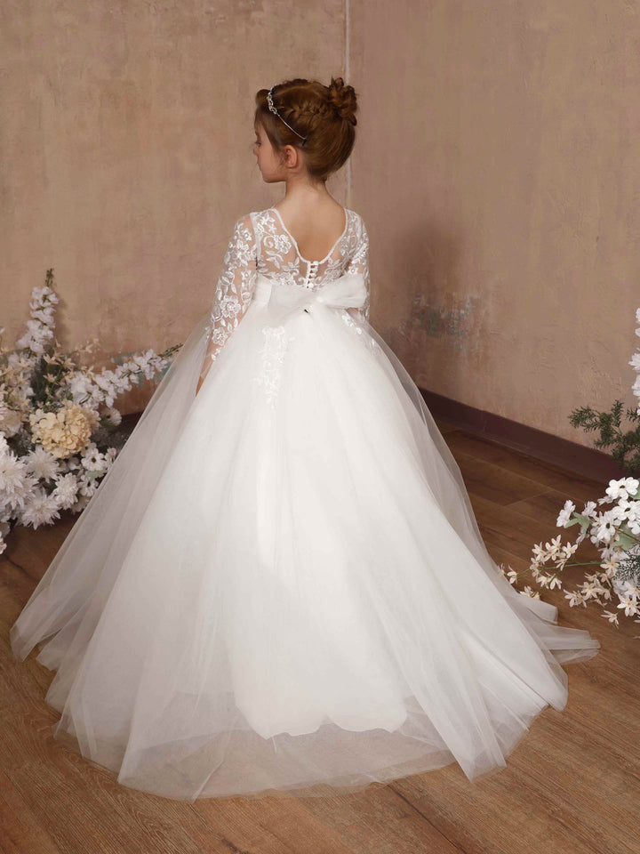 Robe de Bal en Dentelle et Tulle, Manches 3/4, Col Rond, Longueur Au Sol, Robes de Demoiselle D'Honneur