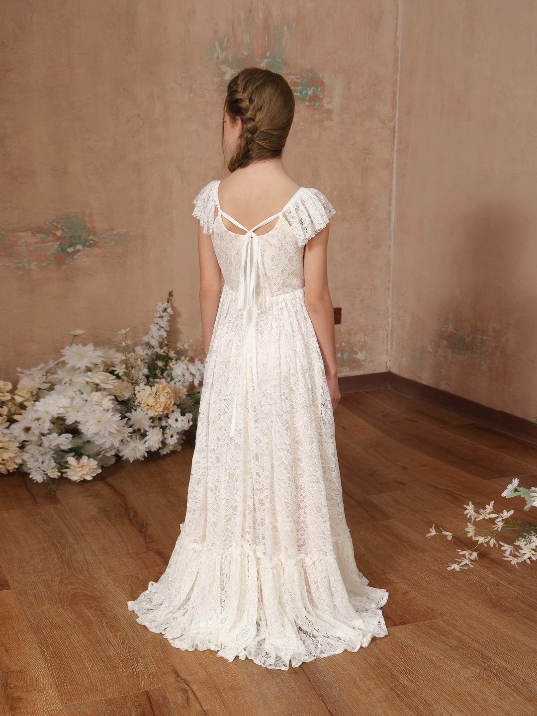 Robe de Demoiselle D'Honneur en Dentelle à Manches Courtes et Col Carré, Coupe A-Line/Princess, Longueur Au Sol