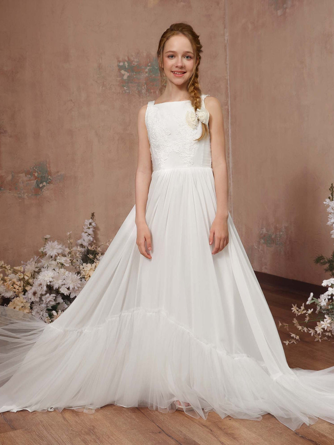 Robe de Demoiselle D'Honneur en Tulle Sans Manches, Coupe Trapèze/Princesse, Col Carré, Longueur Au Sol