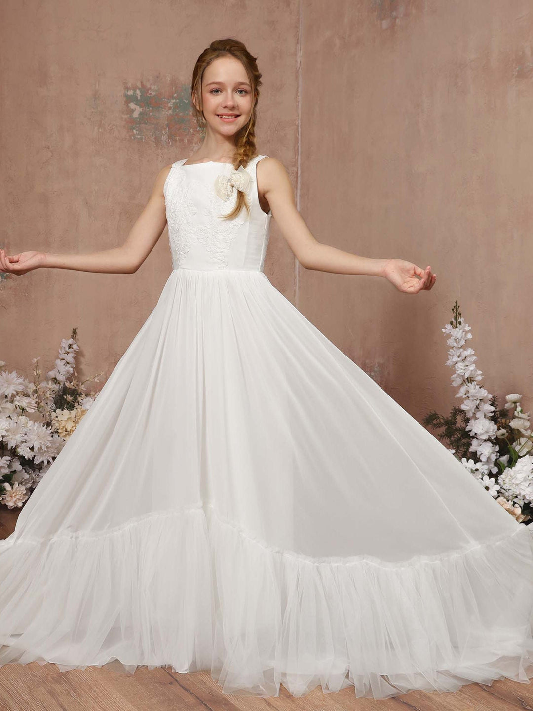 Robe de Demoiselle D'Honneur en Tulle Sans Manches, Coupe Trapèze/Princesse, Col Carré, Longueur Au Sol