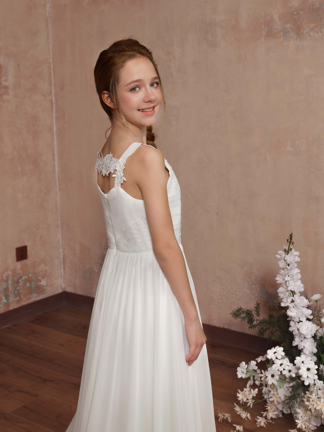 Robe de Demoiselle D'Honneur en Tulle Sans Manches, Coupe Trapèze/Princesse, Col Carré, Longueur Au Sol