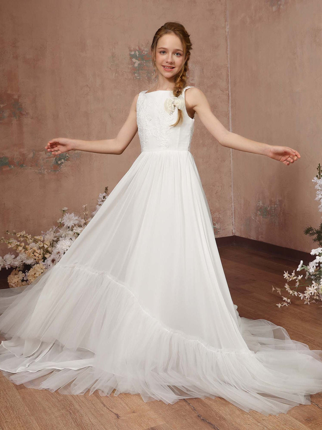 Robe de Demoiselle D'Honneur en Tulle Sans Manches, Coupe Trapèze/Princesse, Col Carré, Longueur Au Sol