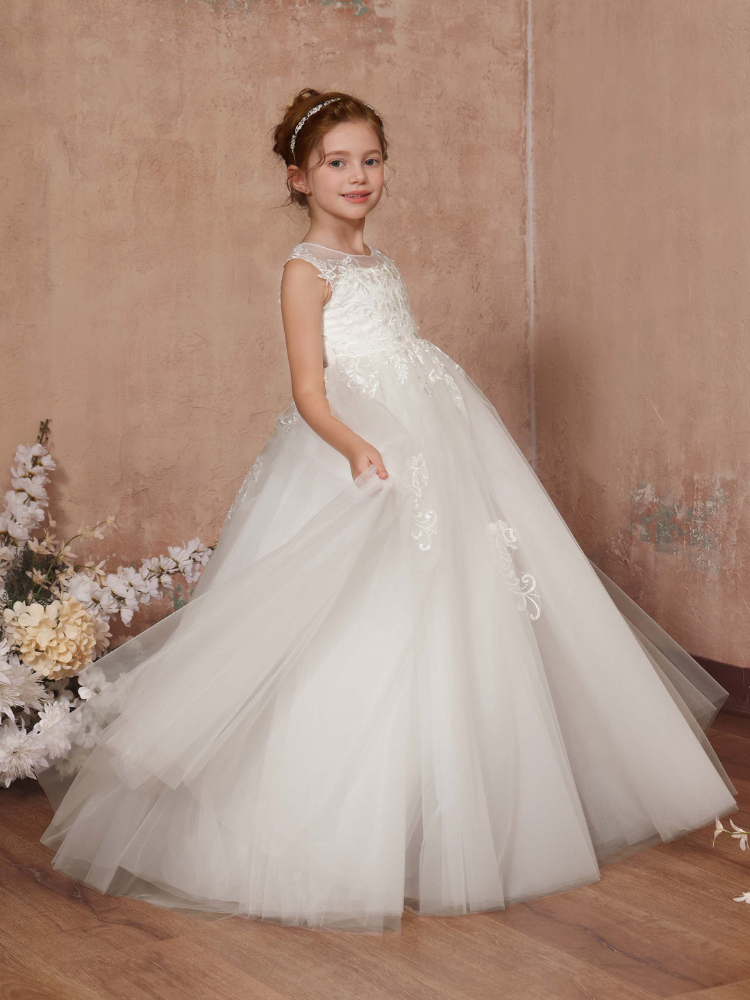 Robe de Bal en Tulle Sans Manches, Col Rond, Longueur Au Sol, Robes de Demoiselle D'Honneur
