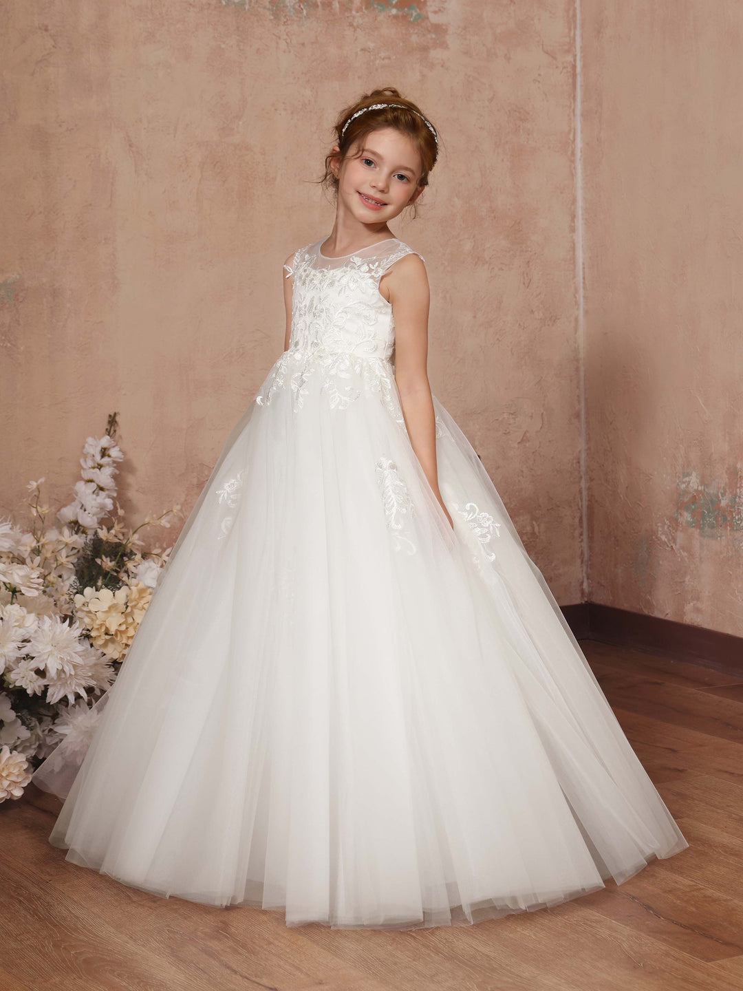 Robe de Bal en Tulle Sans Manches, Col Rond, Longueur Au Sol, Robes de Demoiselle D'Honneur